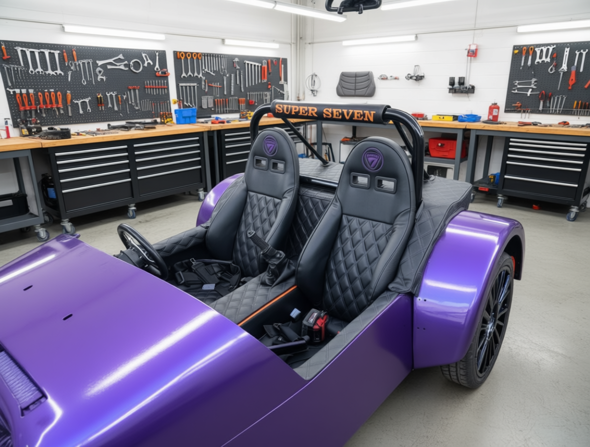 Custom Super Seven seats black purple stitching and embroidery Blue Note Upholstery